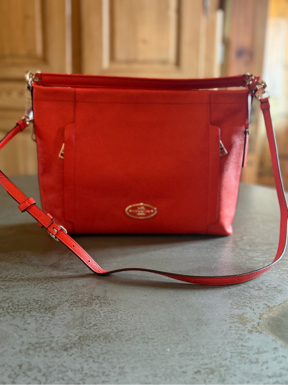 Coach Red Leather Crossbody with Gold Hardware and Front Slip Pocket